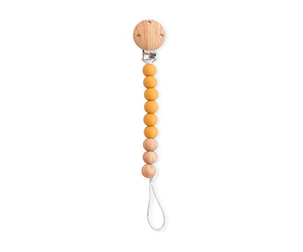 Portachupete "Woody" silicona y madera mostaza Saro